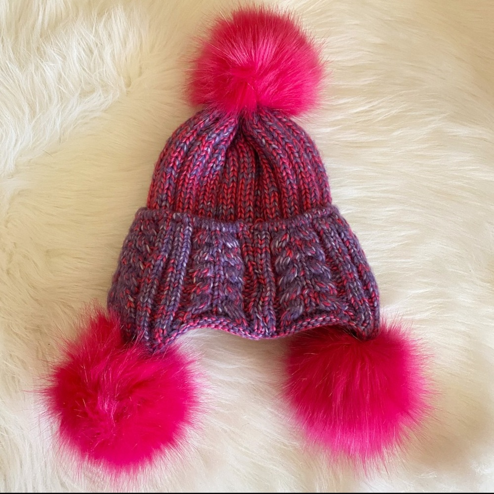 Pink Purple Knit Beanie w Pink Pom Poms